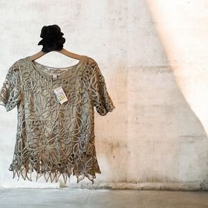 Silken Poetry 100% Silk Elegant Lace Women Top Lace/Beaded Short Sleeve Size M